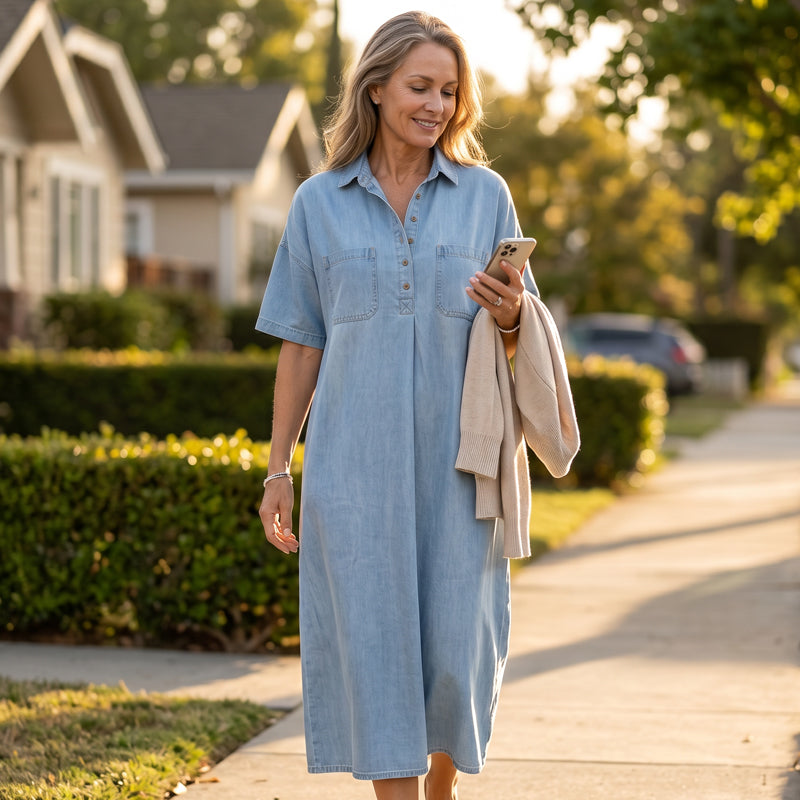 👗 50% OFF TODAY! 👖 Casual Denim Midi Shirt Dress – Soft Wash & Relaxed Fit – Pockets & Everyday Comfort ✨