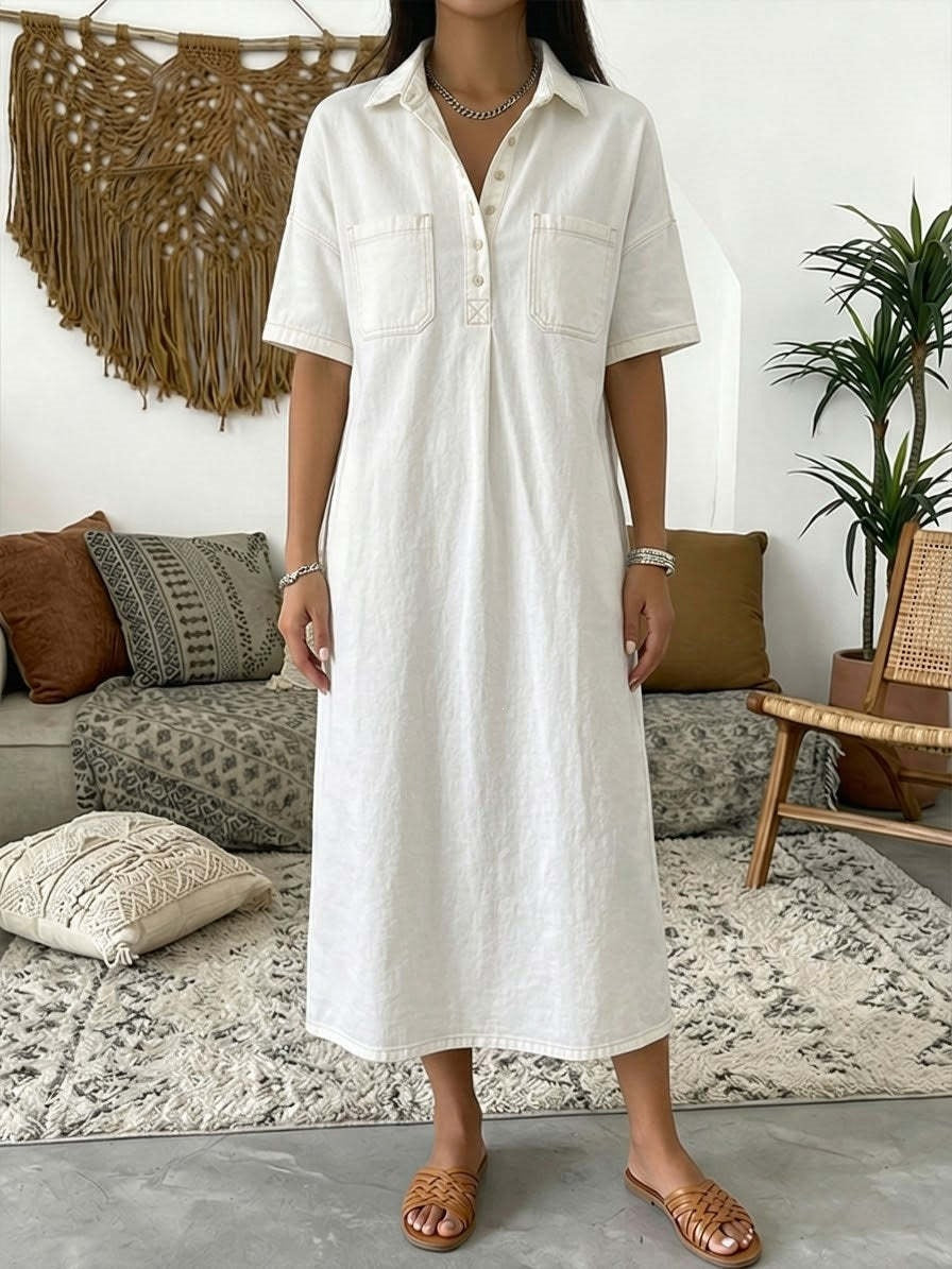 👗 50% OFF TODAY! 👖 Casual Denim Midi Shirt Dress – Soft Wash & Relaxed Fit – Pockets & Everyday Comfort ✨