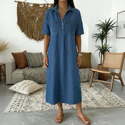 👗 50% OFF TODAY! 👖 Casual Denim Midi Shirt Dress – Soft Wash & Relaxed Fit – Pockets & Everyday Comfort ✨