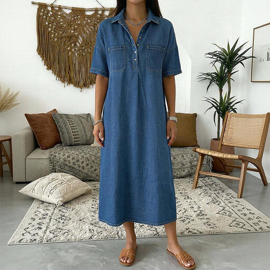 👗 50% OFF TODAY! 👖 Casual Denim Midi Shirt Dress – Soft Wash & Relaxed Fit – Pockets & Everyday Comfort ✨