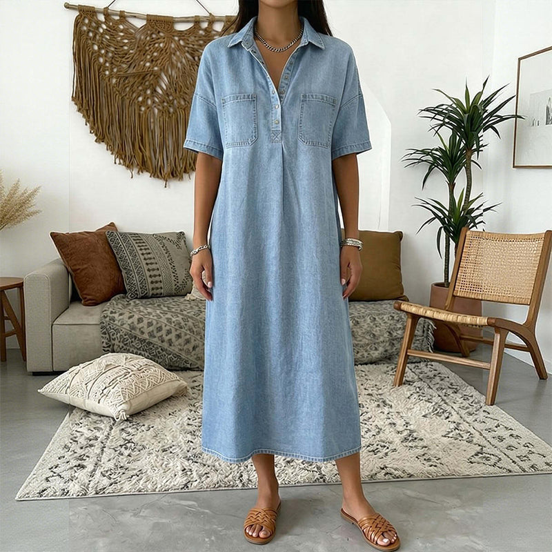 👗 50% OFF TODAY! 👖 Casual Denim Midi Shirt Dress – Soft Wash & Relaxed Fit – Pockets & Everyday Comfort ✨