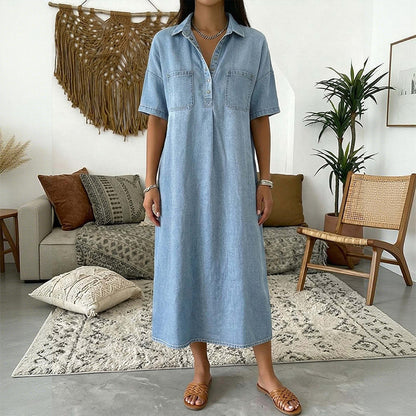 👗 50% OFF TODAY! 👖 Casual Denim Midi Shirt Dress – Soft Wash & Relaxed Fit – Pockets & Everyday Comfort ✨