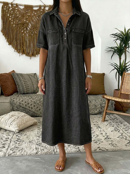 👗 50% OFF TODAY! 👖 Casual Denim Midi Shirt Dress – Soft Wash & Relaxed Fit – Pockets & Everyday Comfort ✨