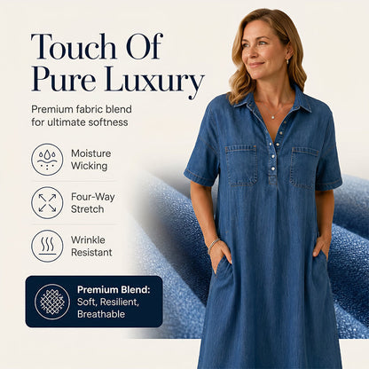 👗 50% OFF TODAY! 👖 Casual Denim Midi Shirt Dress – Soft Wash & Relaxed Fit – Pockets & Everyday Comfort ✨