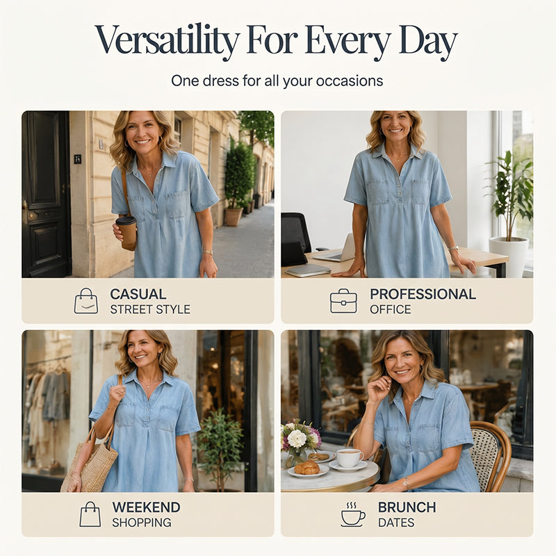 👗 50% OFF TODAY! 👖 Casual Denim Midi Shirt Dress – Soft Wash & Relaxed Fit – Pockets & Everyday Comfort ✨