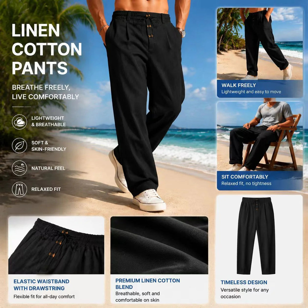 ⏳Limited-time 30% off⏰Men's Loose Fit Casual Linen Pants – Relaxed Fit & Lightweight – Breathable Everyday Comfort ✨